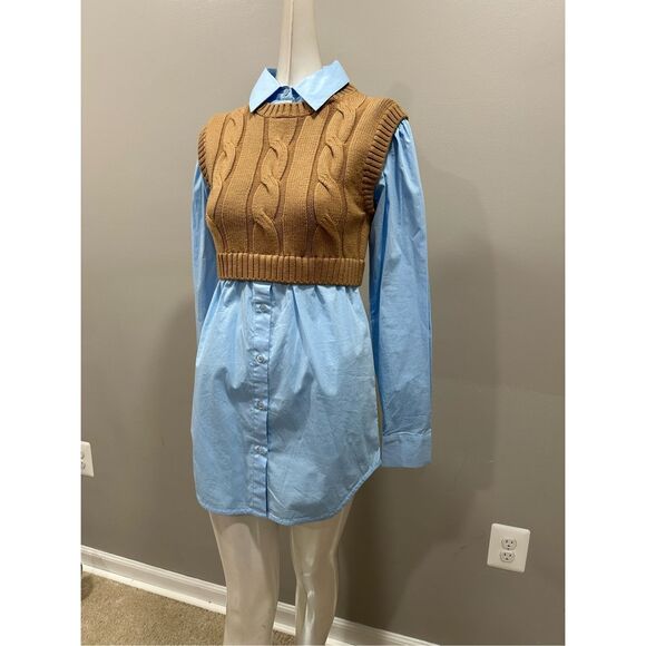 NWT Staud Cooper Knit Vest and Poplin Long-Sleeve Combo Shirt Camel $375 - Picture 6 of 12